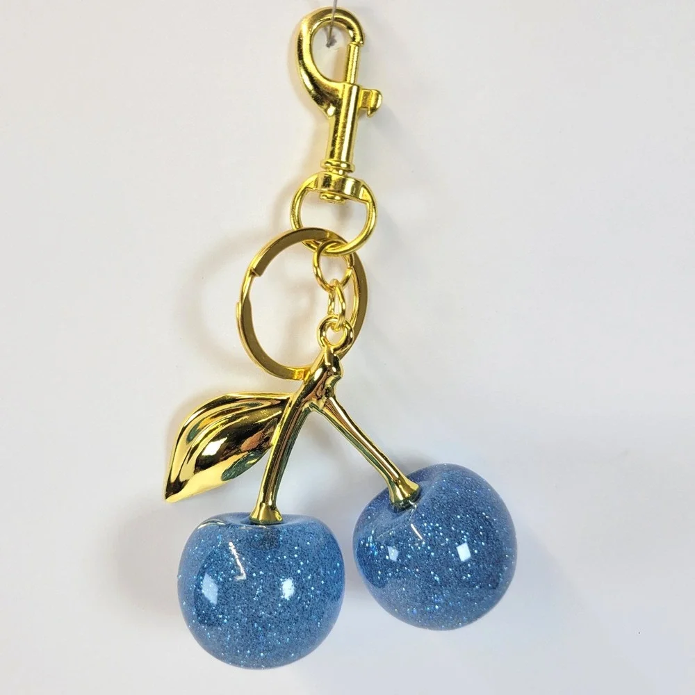 Double Cherry Bag Charm Keychain Glitter Blue Gold Coquette Festival NEW